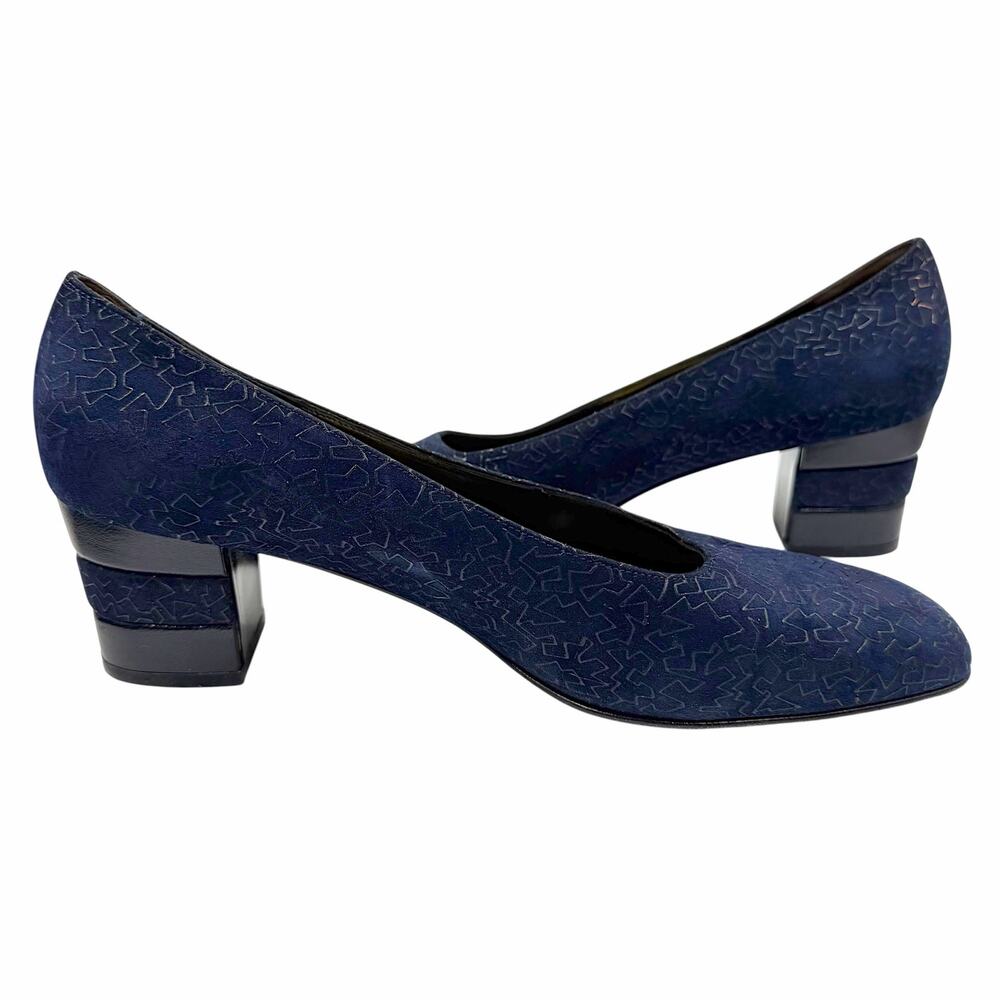 Salvatore Ferragamo Vintage 90s Italy Navy Suede Geometric Pumps Shoes 10 B
